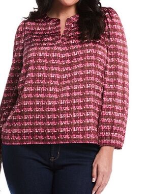 Rafaella L, LP, XXL Crosshatch Print Split Neck Long Sleeve Popover Top in Pinks